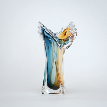 Dual tone blue and amber art glass vase with sculpted rim available in tall and small sizes