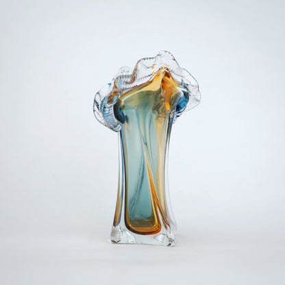 Dual tone blue and amber art glass vase with sculpted rim available in tall and small sizes