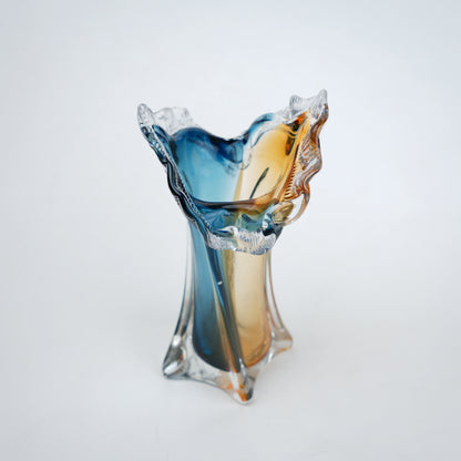 Dual tone blue and amber art glass vase with sculpted rim available in tall and small sizes