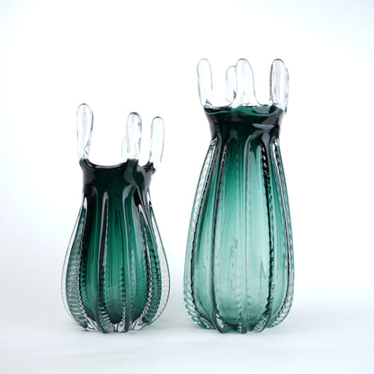 Emerald green glass vase with crown rim design available in small and big sizes for modern decor