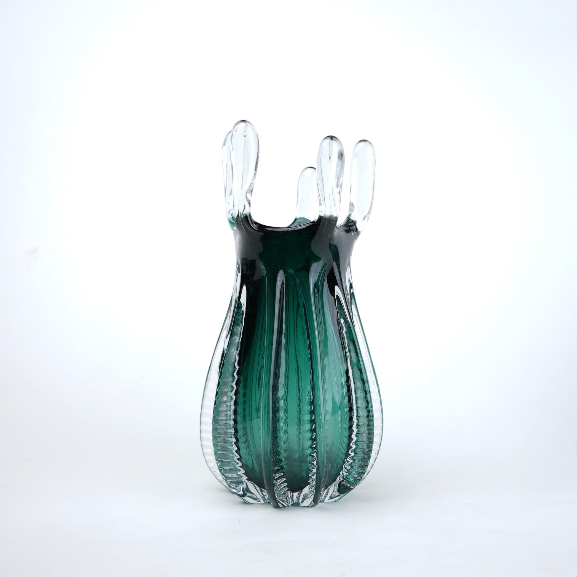 Emerald green glass vase with crown rim design available in small and big sizes for modern decor