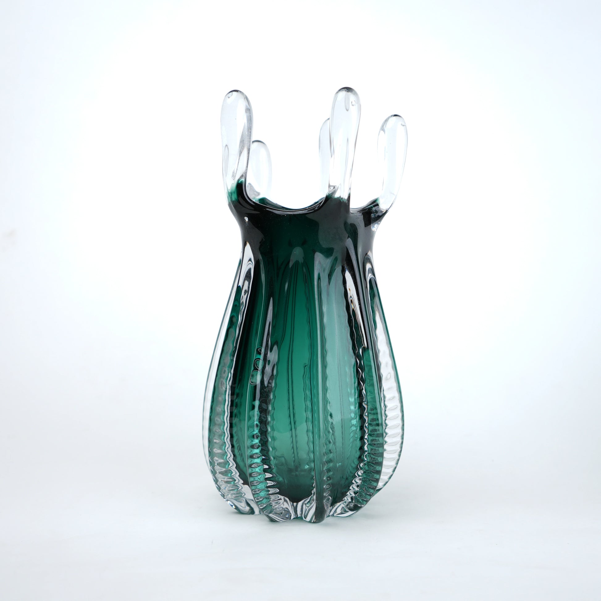 Emerald green glass vase with crown rim design available in small and big sizes for modern decor