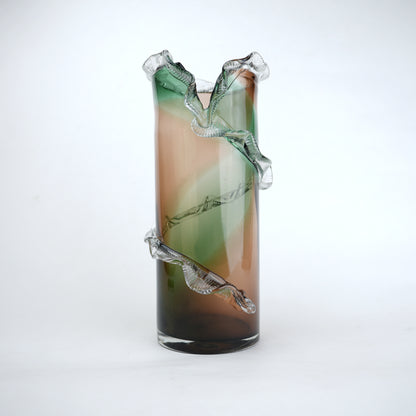 Olive smoke gradient twisted tall glass decorative vase with flared rim