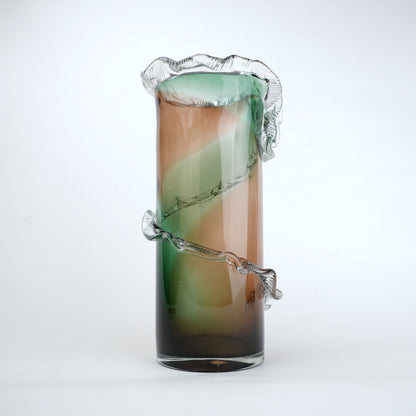 Olive smoke gradient twisted tall glass decorative vase with flared rim