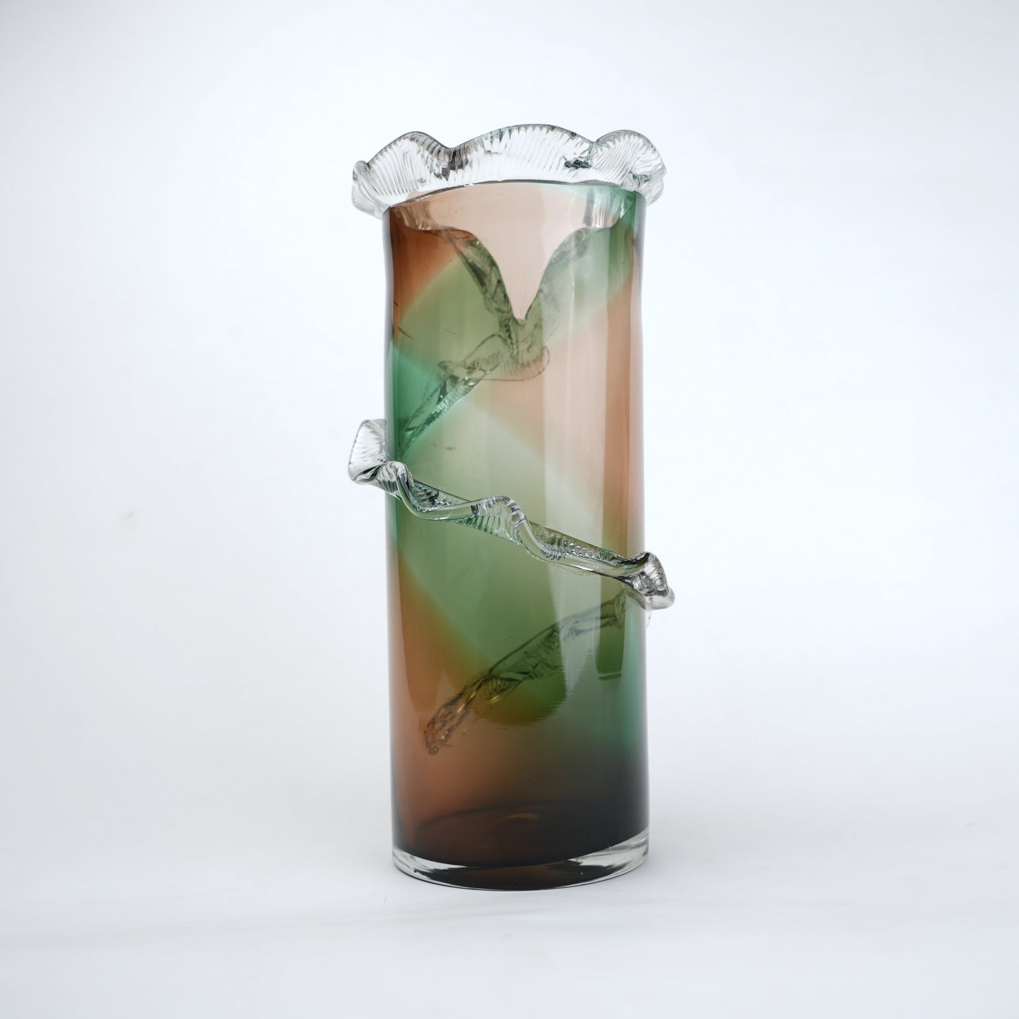 Olive smoke gradient twisted tall glass decorative vase with flared rim