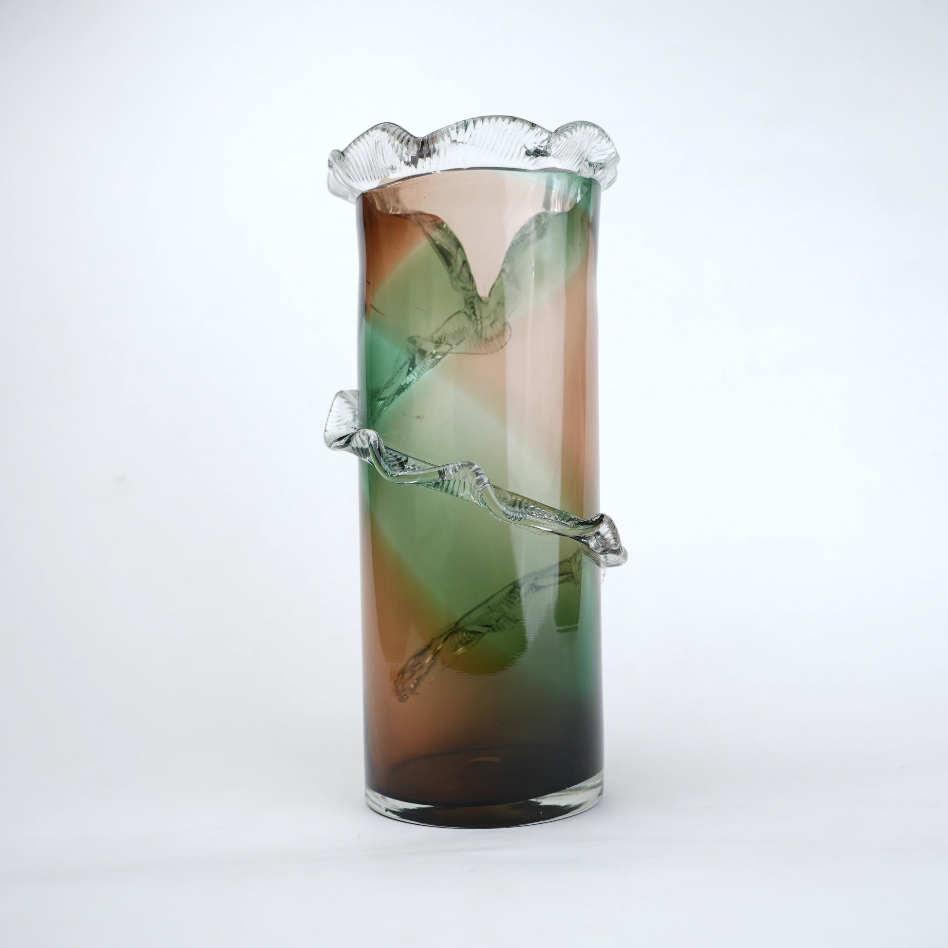 Olive smoke gradient twisted tall glass decorative vase with flared rim