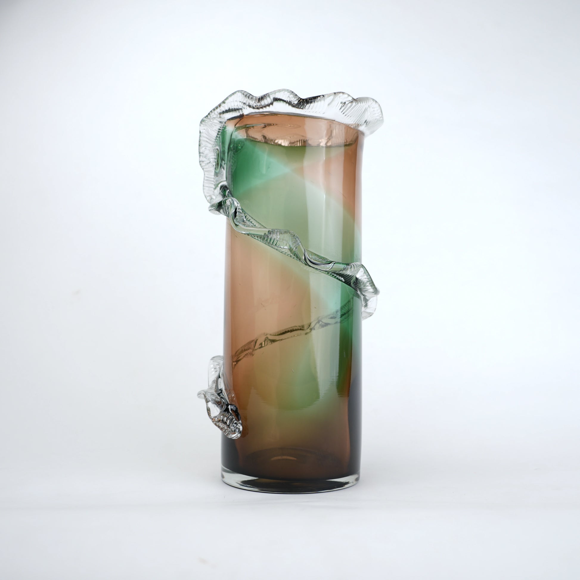 Olive smoke gradient twisted tall glass decorative vase with flared rim