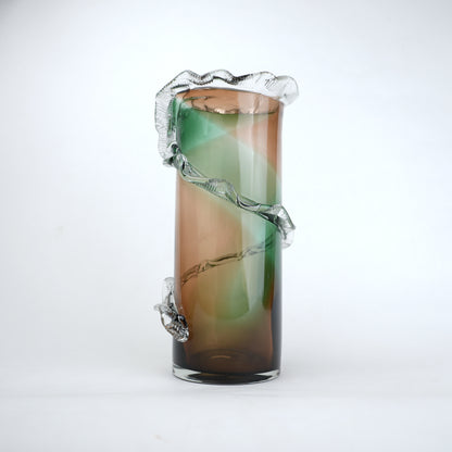 Olive smoke gradient twisted tall glass decorative vase with flared rim