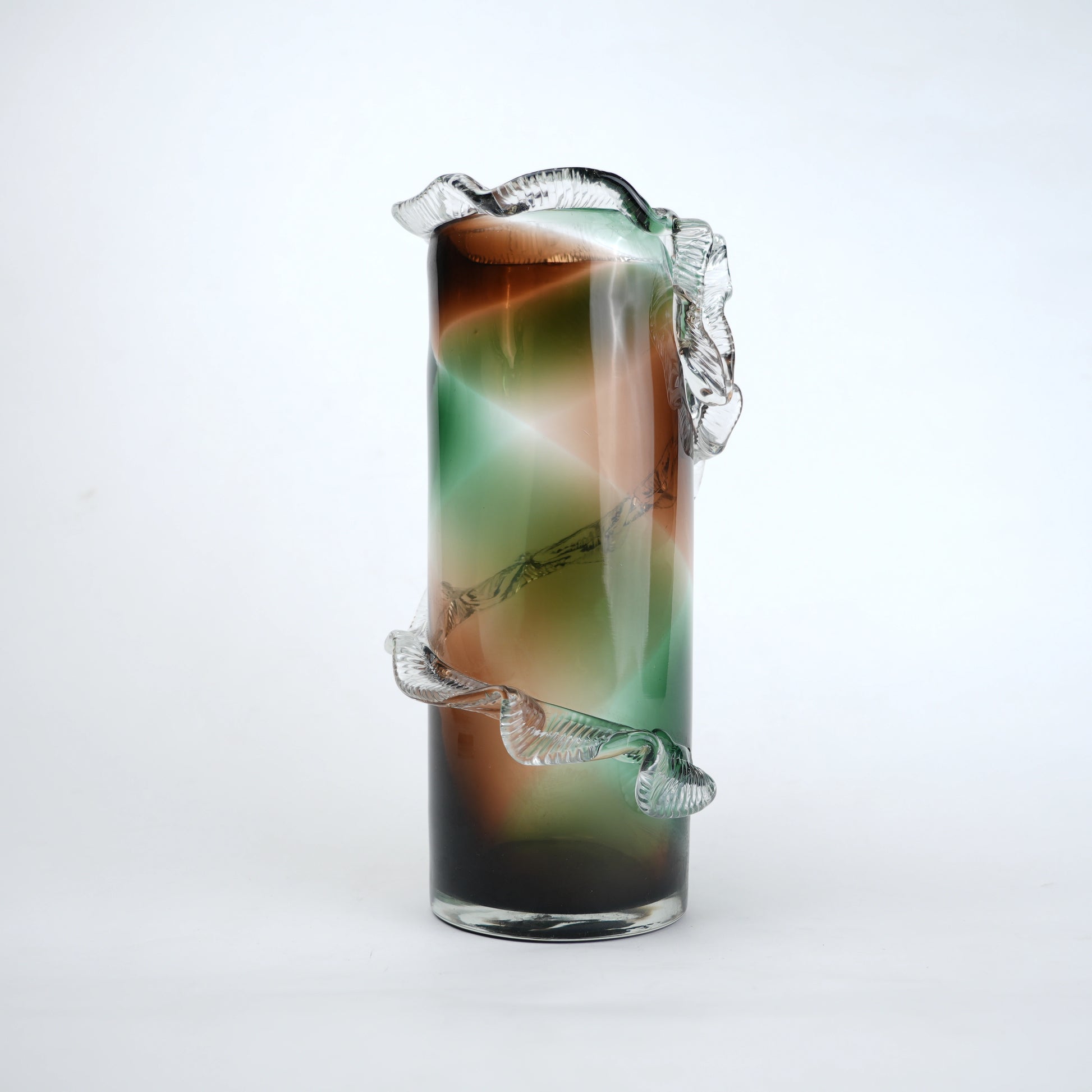 Olive smoke gradient twisted tall glass decorative vase with flared rim