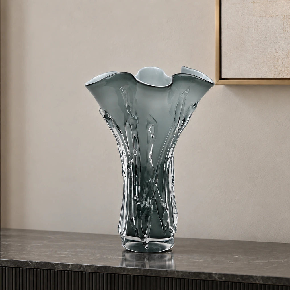 Smoky grey gradient flared trumpet glass decorative vase