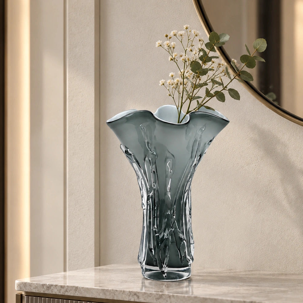 Smoky grey gradient flared trumpet glass decorative vase