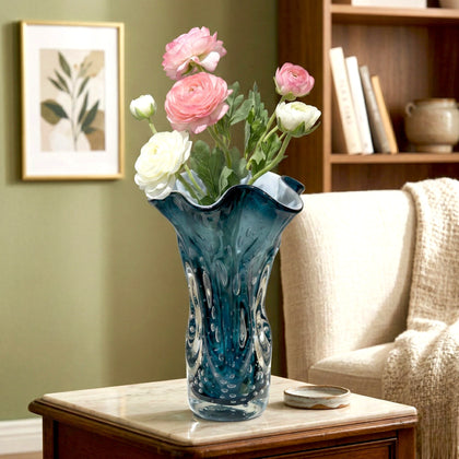 Ocean teal textured glass decorative vase with flared rim