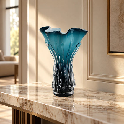 Ocean teal textured glass decorative vase with flared rim