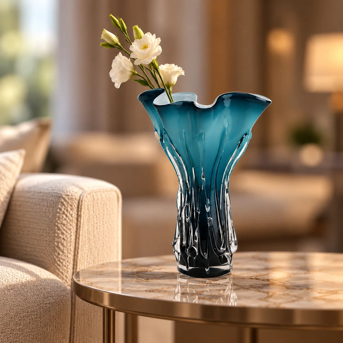 Ocean teal textured glass decorative vase with flared rim