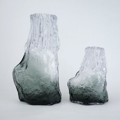 Frosted glass vase with melted texture and deep green base in small and big sizes