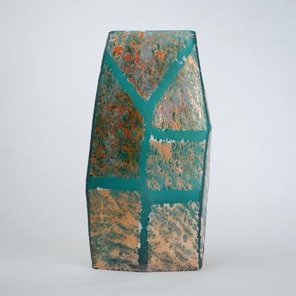 Teal green glass vase with geometric grid design and antique gold textured finish