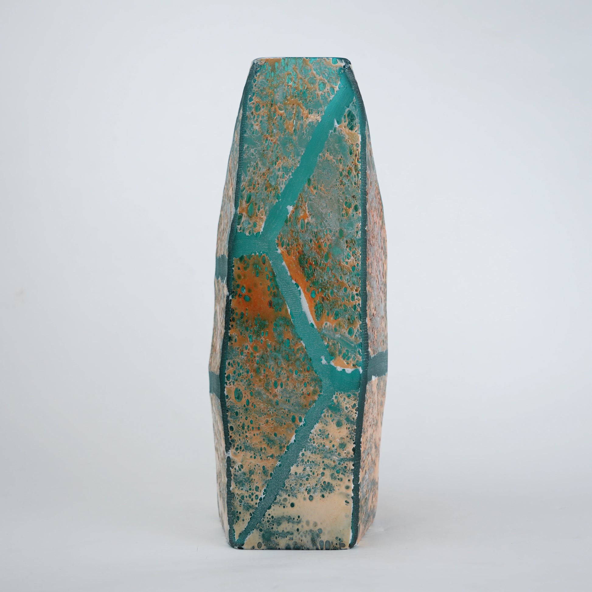 Teal green glass vase with geometric grid design and antique gold textured finish