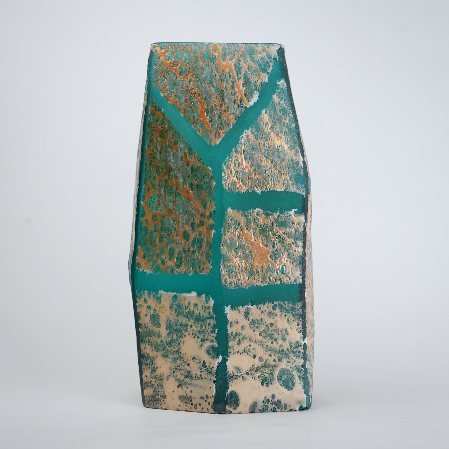 Teal green glass vase with geometric grid design and antique gold textured finish