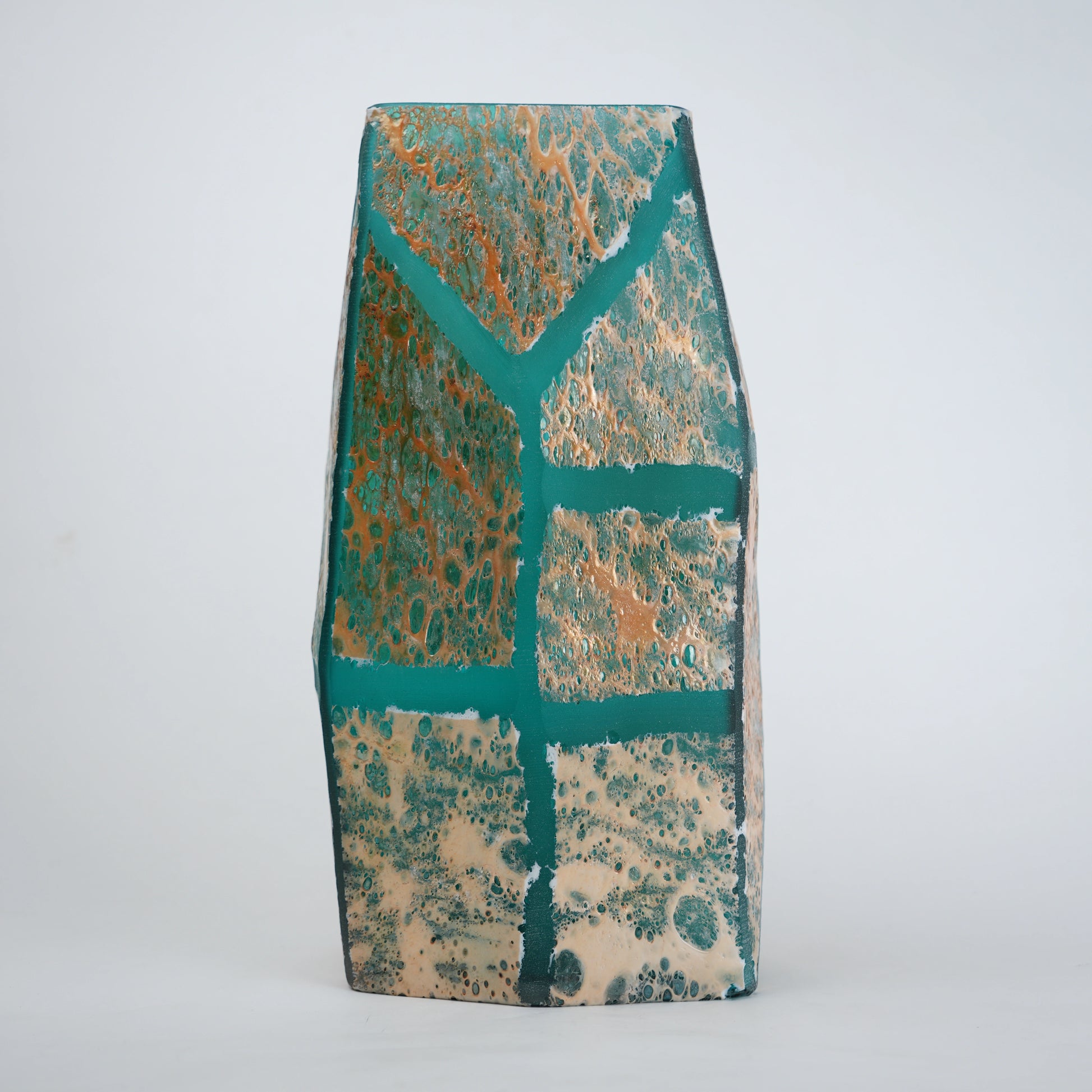 Teal green glass vase with geometric grid design and antique gold textured finish