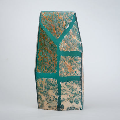 Teal green glass vase with geometric grid design and antique gold textured finish
