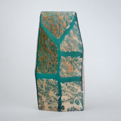 Teal green glass vase with geometric grid design and antique gold textured finish