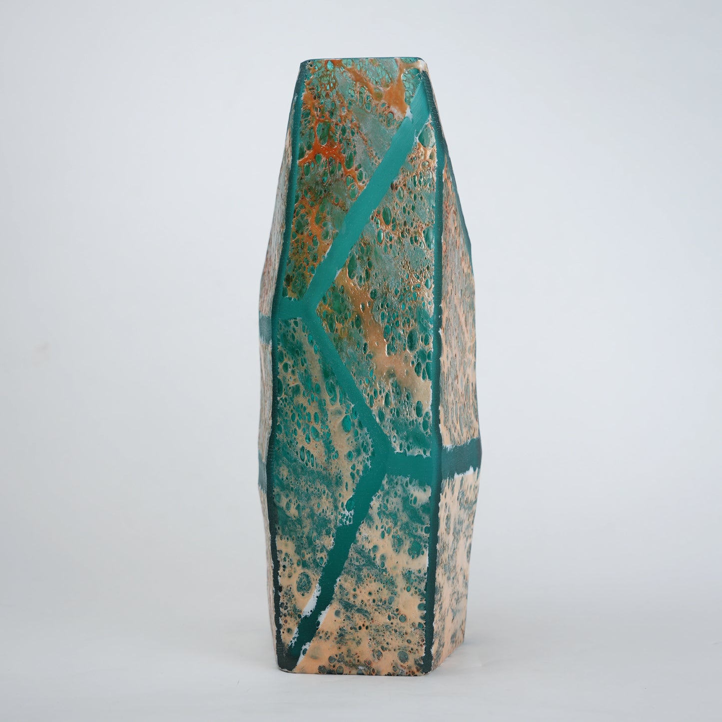 Teal green glass vase with geometric grid design and antique gold textured finish