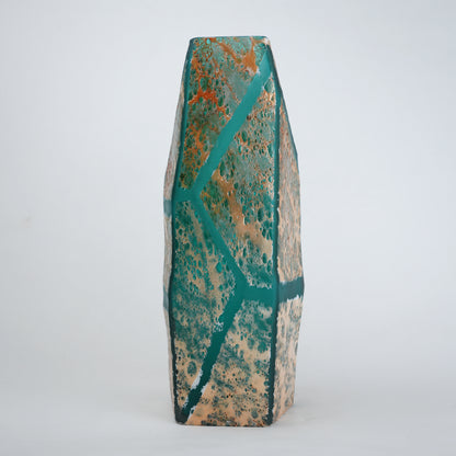 Teal green glass vase with geometric grid design and antique gold textured finish