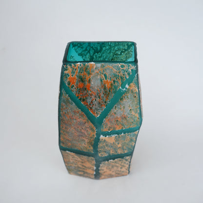 Teal green glass vase with geometric grid design and antique gold textured finish