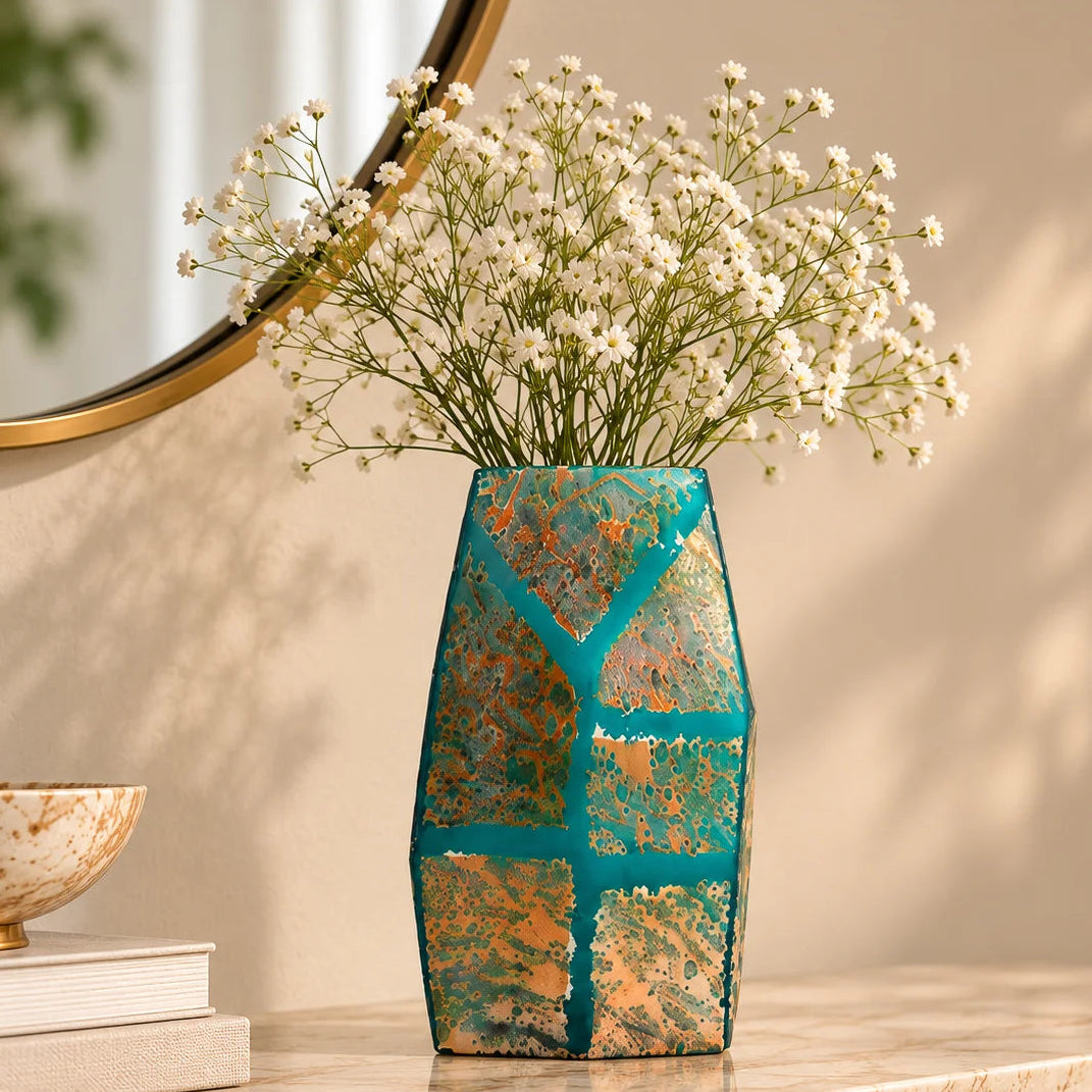 Teal green glass vase with geometric grid design and antique gold textured finish