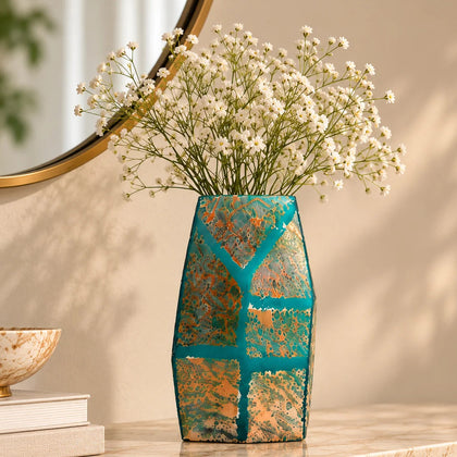 Teal green glass vase with geometric grid design and antique gold textured finish