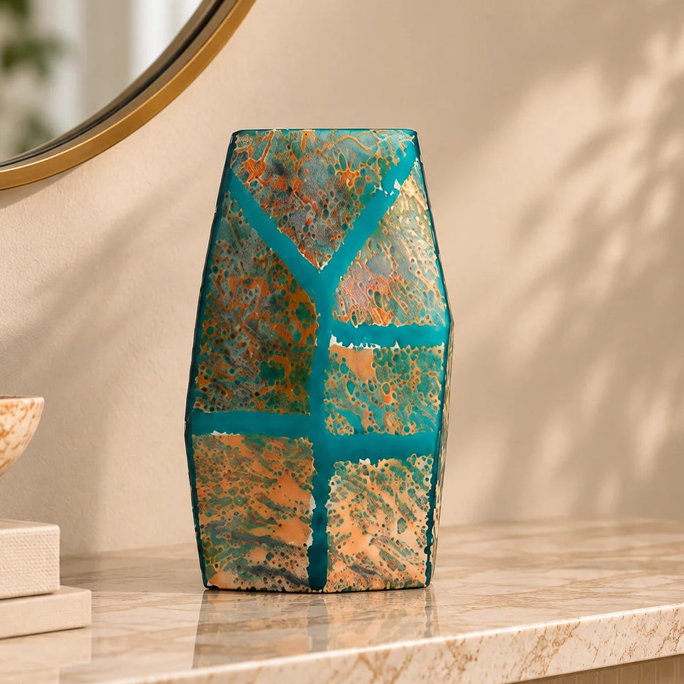 Teal green glass vase with geometric grid design and antique gold textured finish