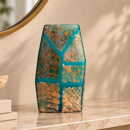 Teal green glass vase with geometric grid design and antique gold textured finish