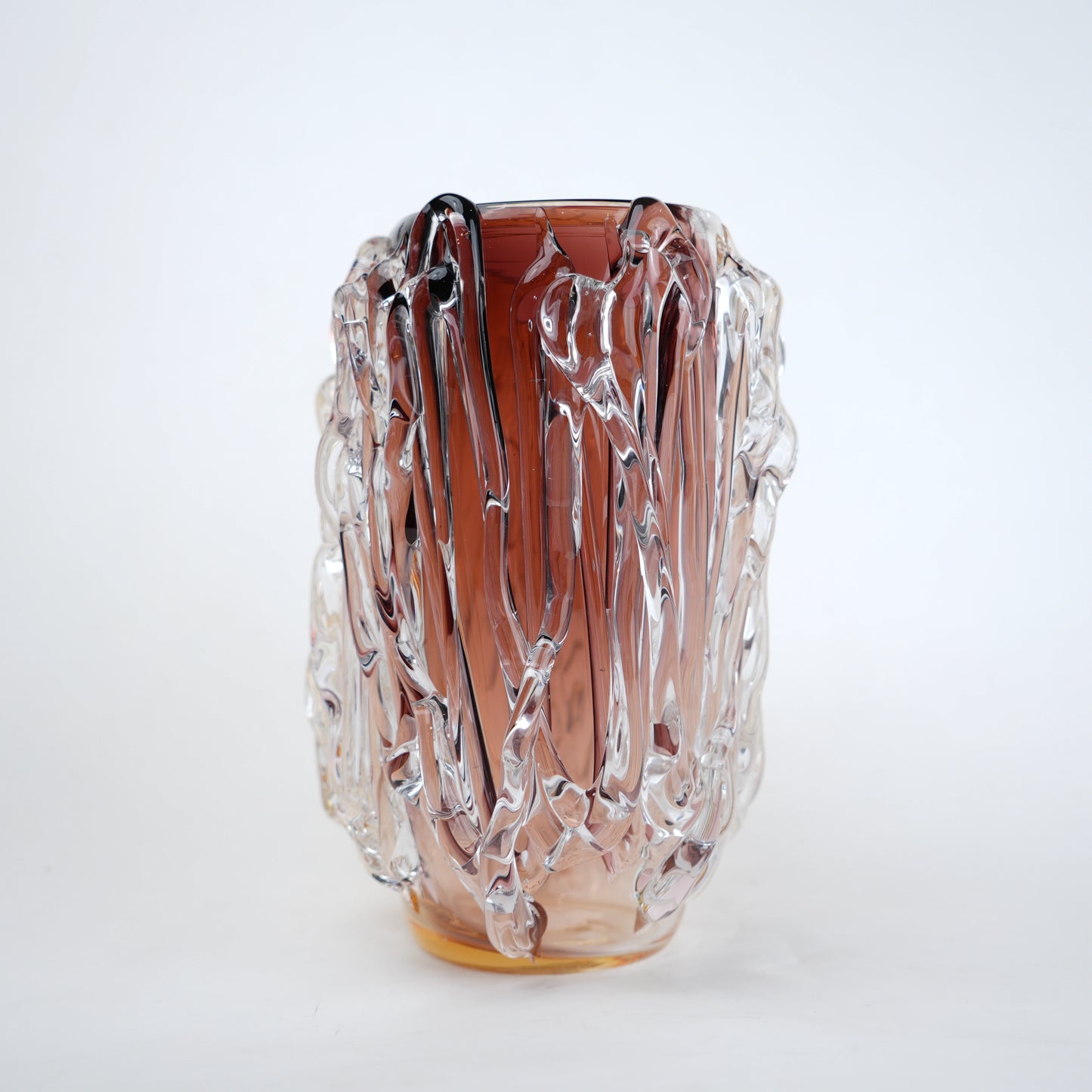 Dual tone glass vase with amber and rose tint and textured molten design in two sizes