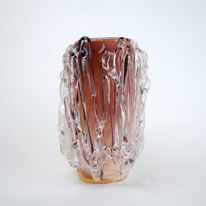 Dual tone glass vase with amber and rose tint and textured molten design in two sizes