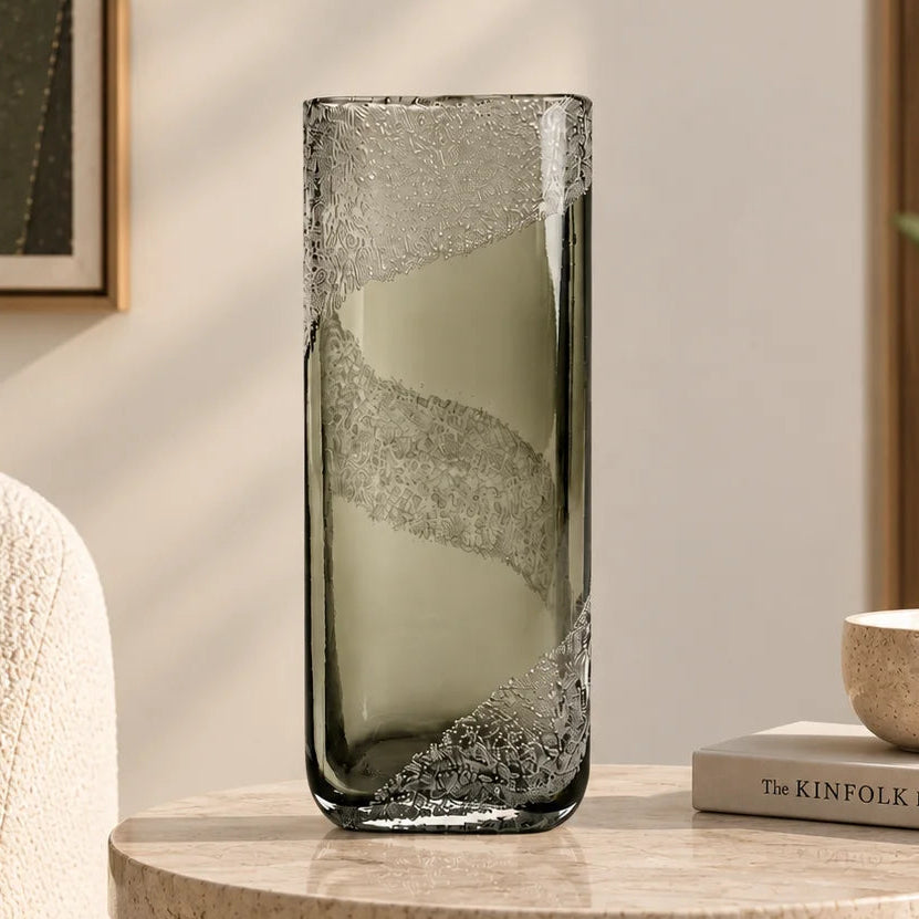 Mist smoke-grey vase, frosted band, front
