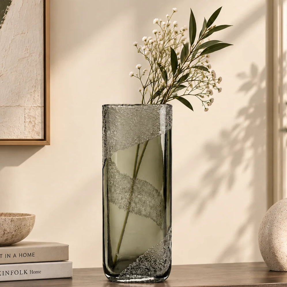 Mist smoke-grey vase, frosted band, front