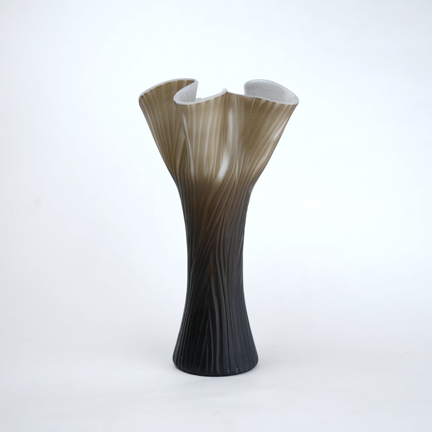 Textured glass decorative vase with ribbed design and ivory edge in two sizes