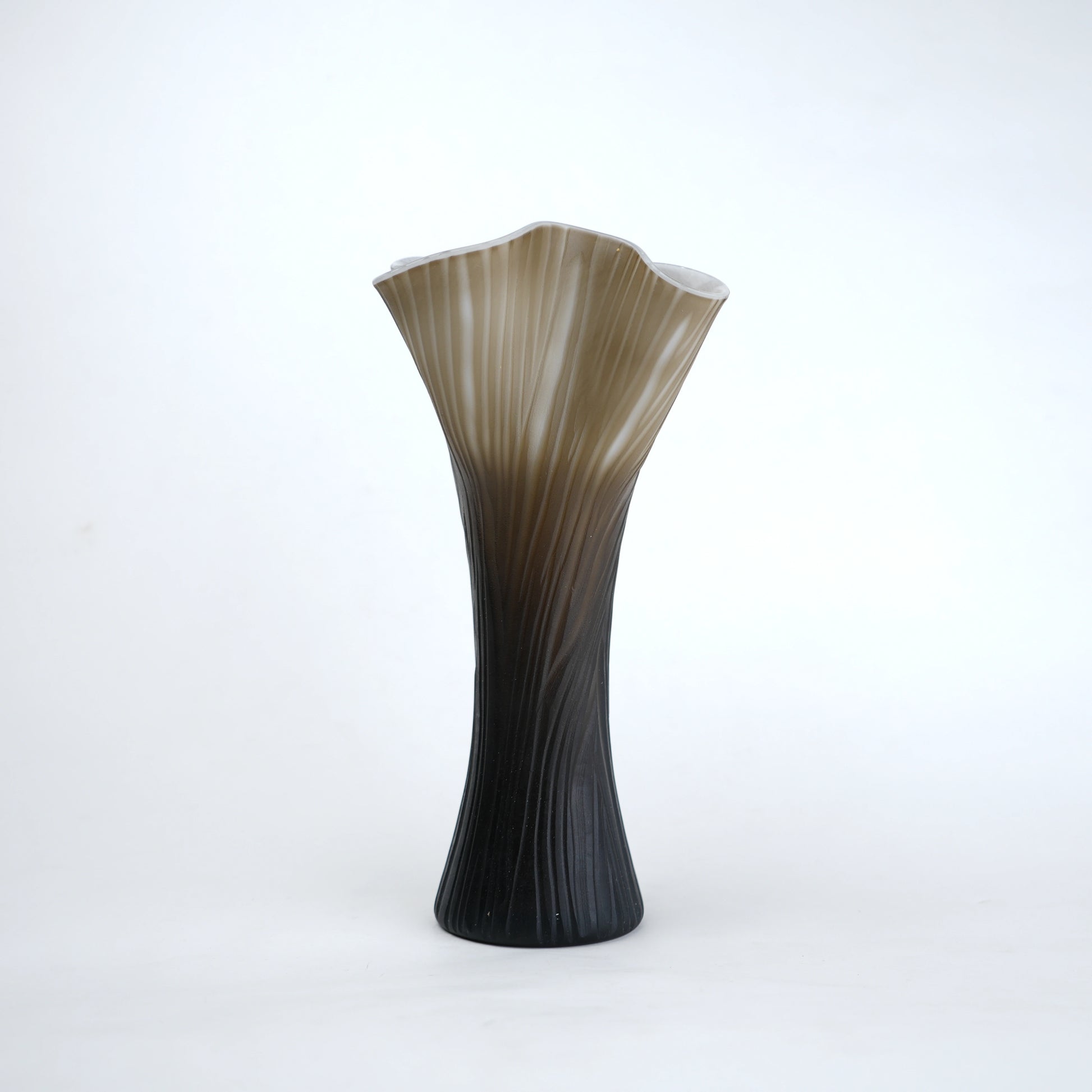 Textured glass decorative vase with ribbed design and ivory edge in two sizes