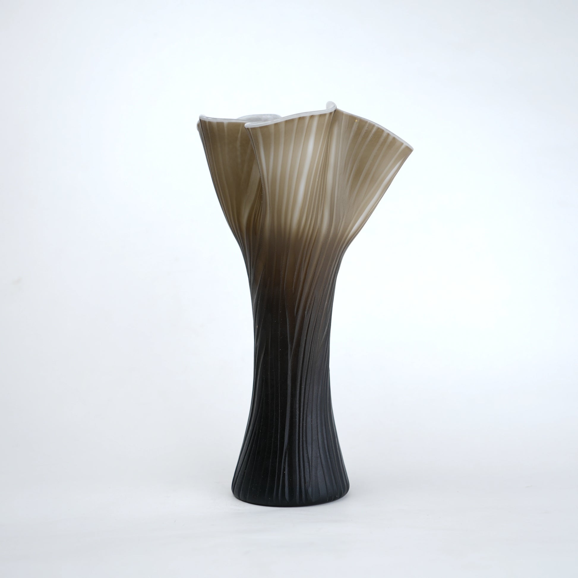 Textured glass decorative vase with ribbed design and ivory edge in two sizes