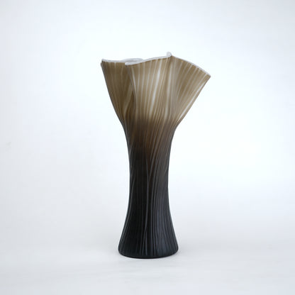 Textured glass decorative vase with ribbed design and ivory edge in two sizes