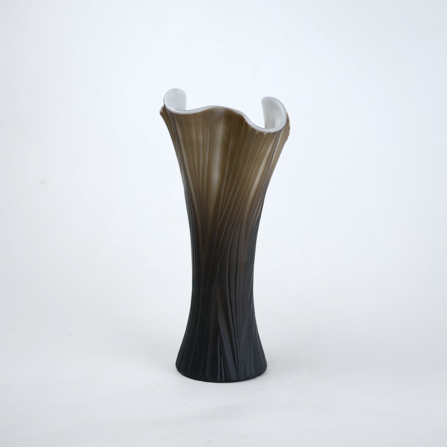 Textured glass decorative vase with ribbed design and ivory edge in two sizes