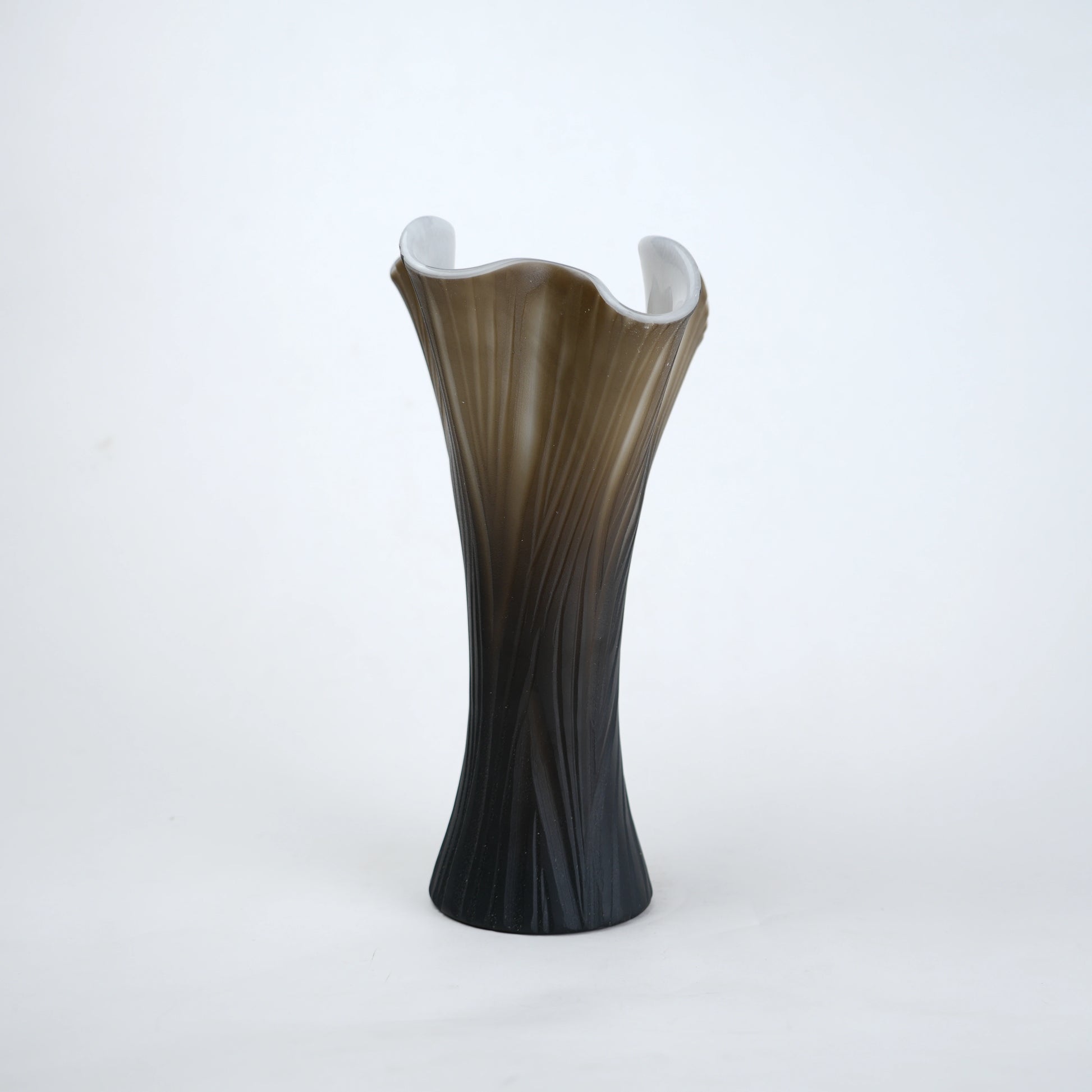 Textured glass decorative vase with ribbed design and ivory edge in two sizes
