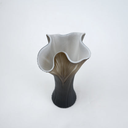 Textured glass decorative vase with ribbed design and ivory edge in two sizes