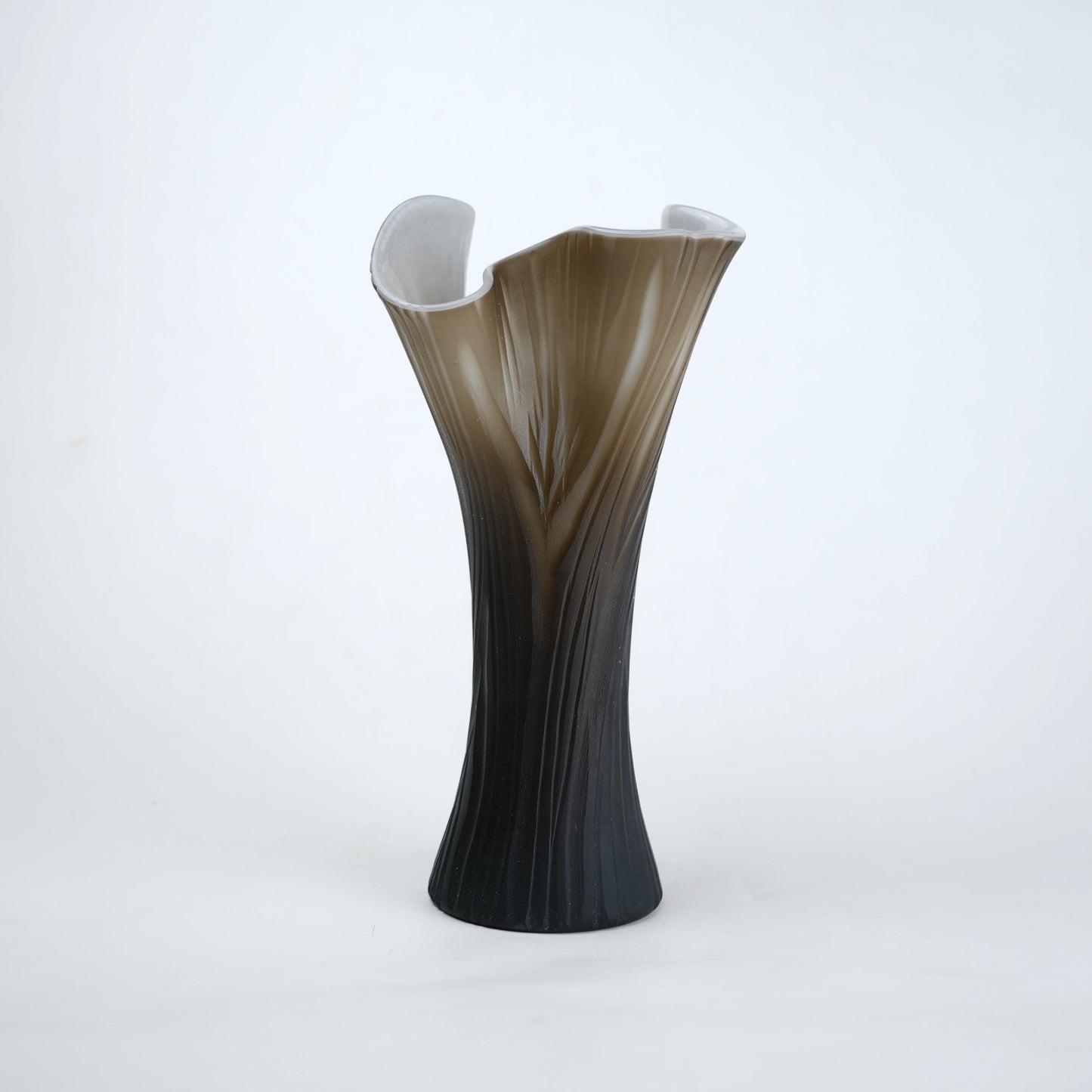 Textured glass decorative vase with ribbed design and ivory edge in two sizes