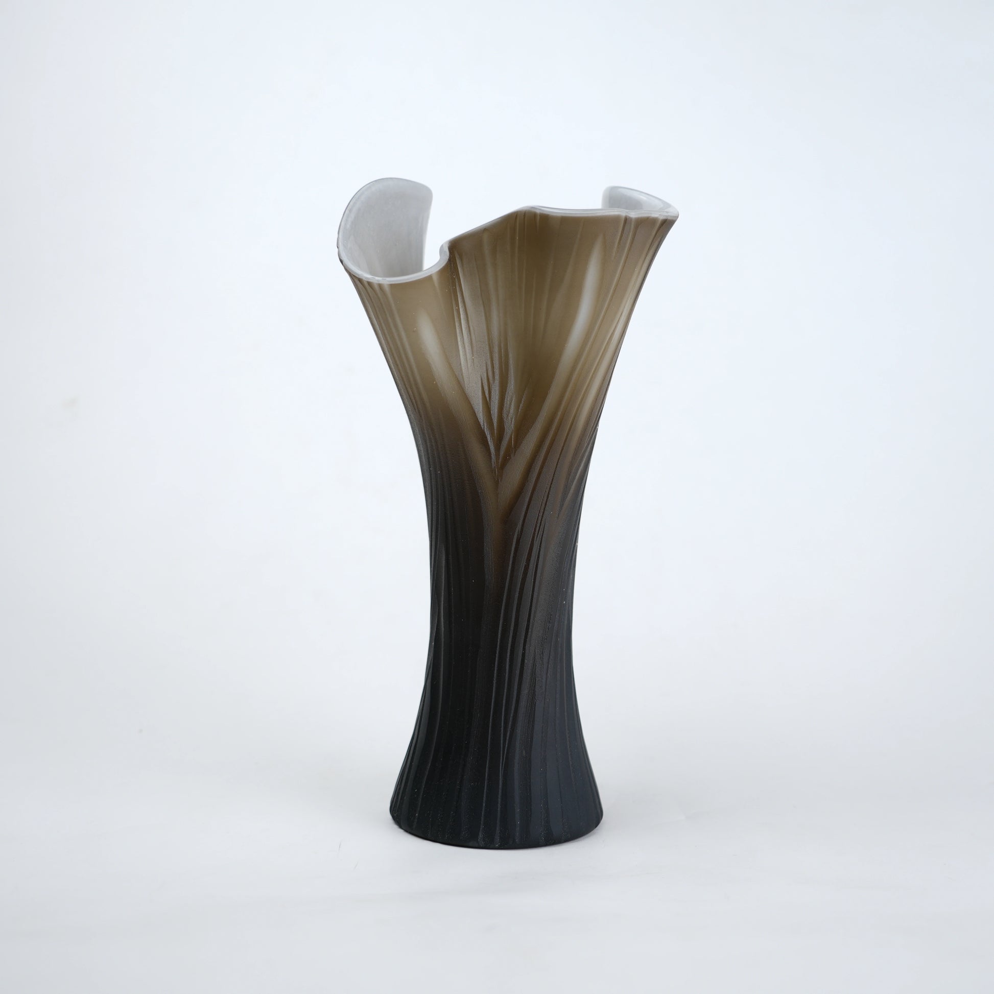 Textured glass decorative vase with ribbed design and ivory edge in two sizes