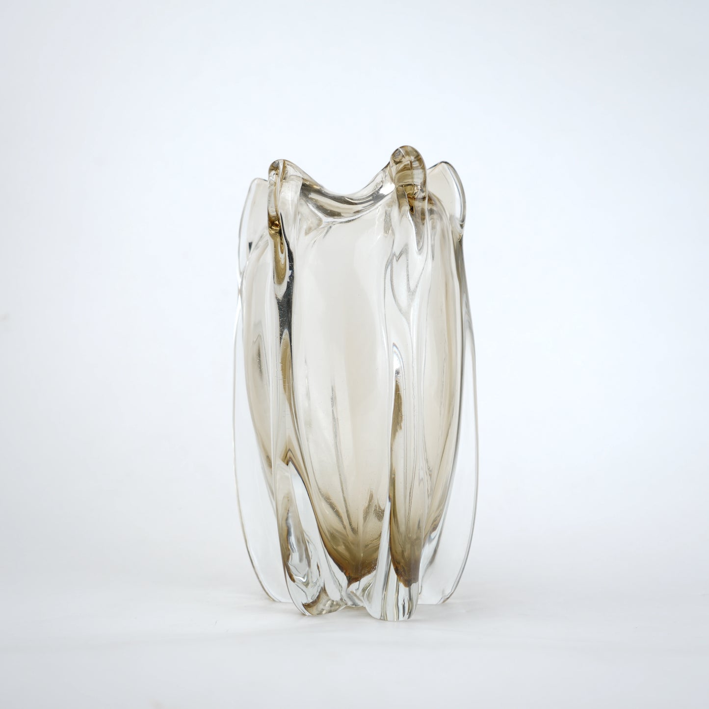 Smoky brown fluted glass decorative vase with scalloped rim
