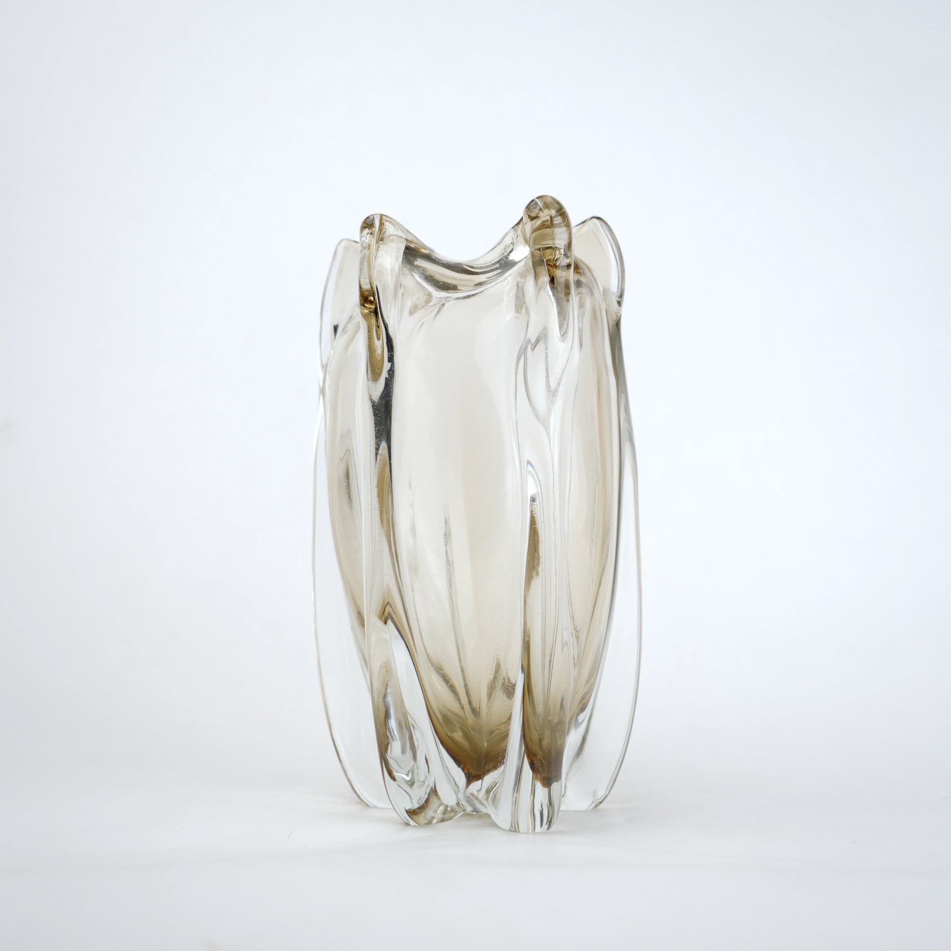 Smoky brown fluted glass decorative vase with scalloped rim