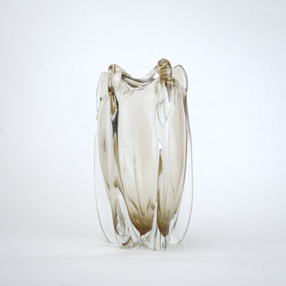 Smoky brown fluted glass decorative vase with scalloped rim