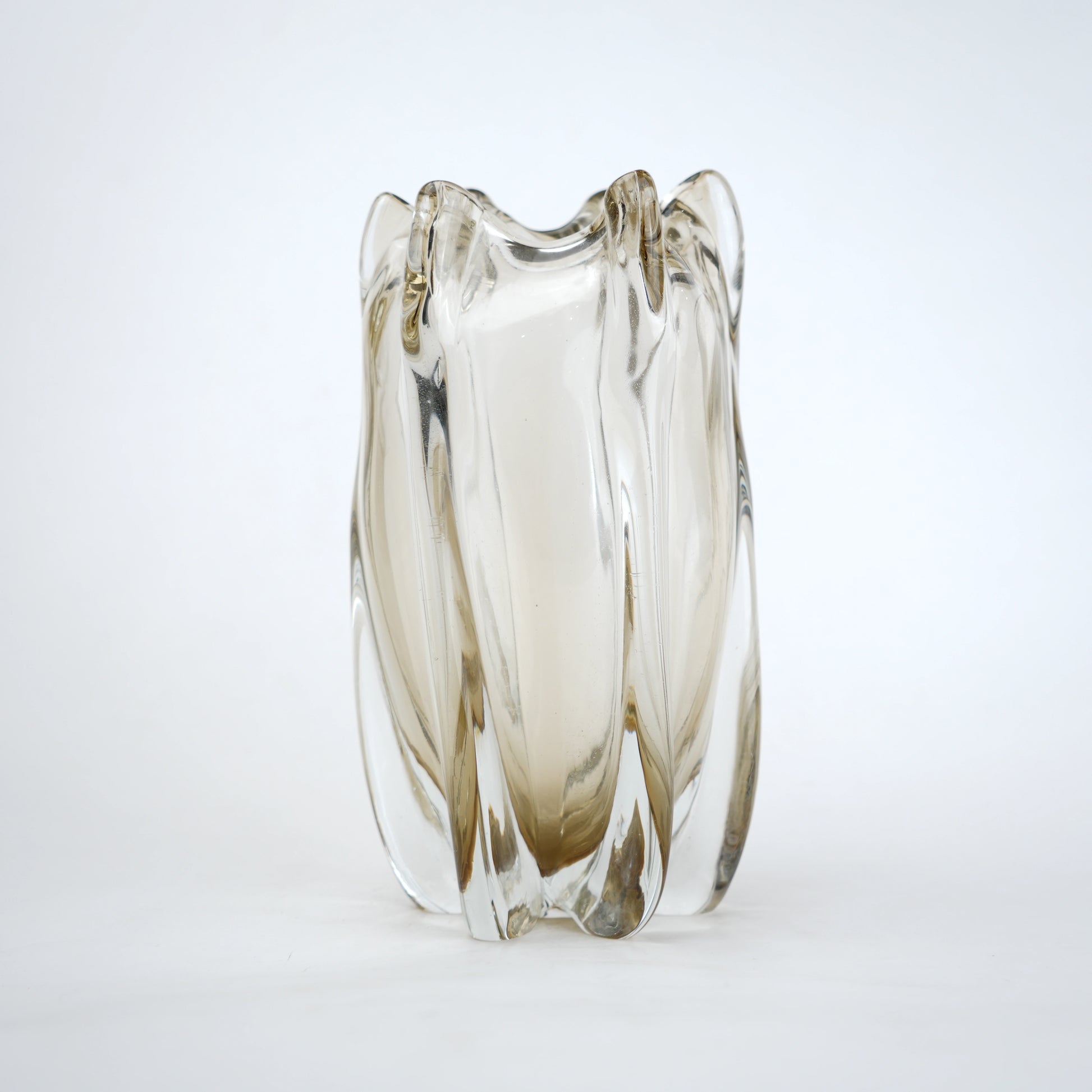 Smoky brown fluted glass decorative vase with scalloped rim