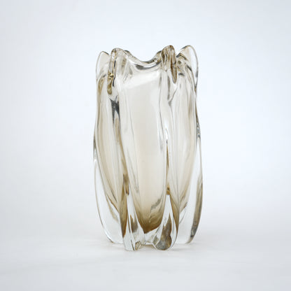 Smoky brown fluted glass decorative vase with scalloped rim